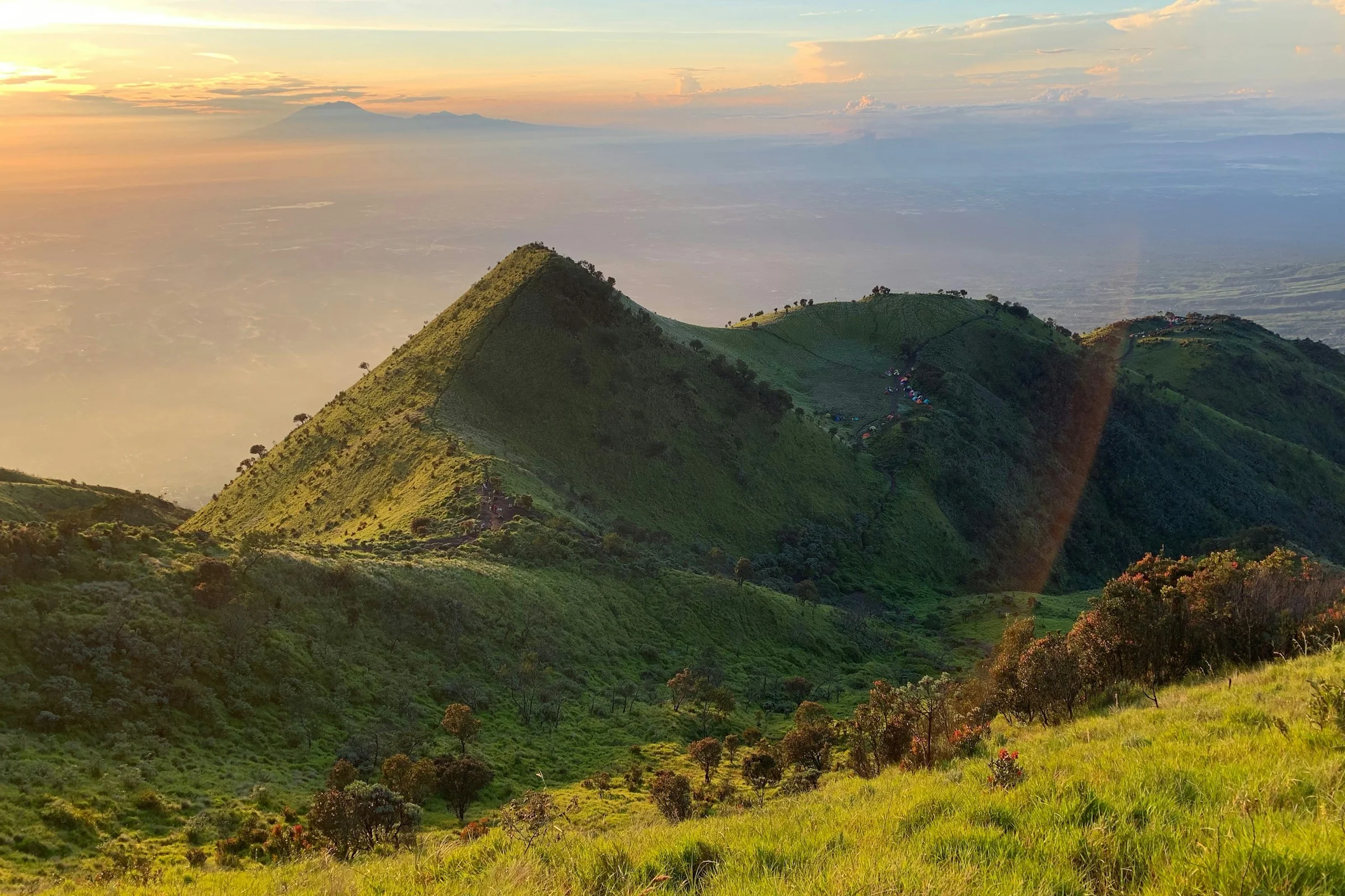 Punggung bukit hijau Gunung Merbabu di bawah langit pagi